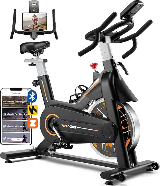 WENOKER Stationary Exercise Bike for Home – App Supported Indoor Cycling Bicycle with Multi-Grips Handlebar, Heavy Flywheel, Unlimited Friction Resistance & 350 lbs Weight Capacity for Cardio Workout [Orange]