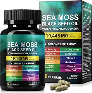 Sea Moss Black Seed Oil Capsules with Ashwagandha, Ginger, Turmeric & Vitamins – Immune Support & Energy Supplement (60 Count)