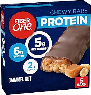 Fiber One Chewy Protein Bars Caramel Nut – High Protein Snack Bars, 5 Count (1.17 oz each)