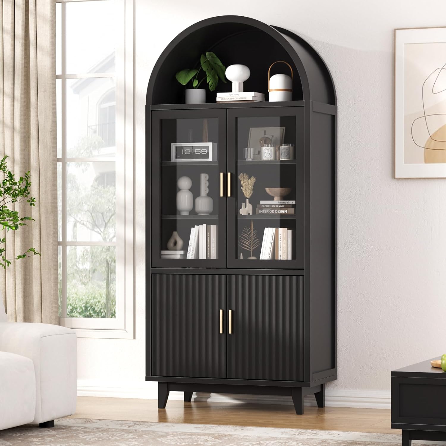 FiveWillowise Arched Fluted Storage Cabinet with Glass Doors – 71” Tall Modern Black Accent Cabinet with Shelves for Living Room, Kitchen, Dining Room