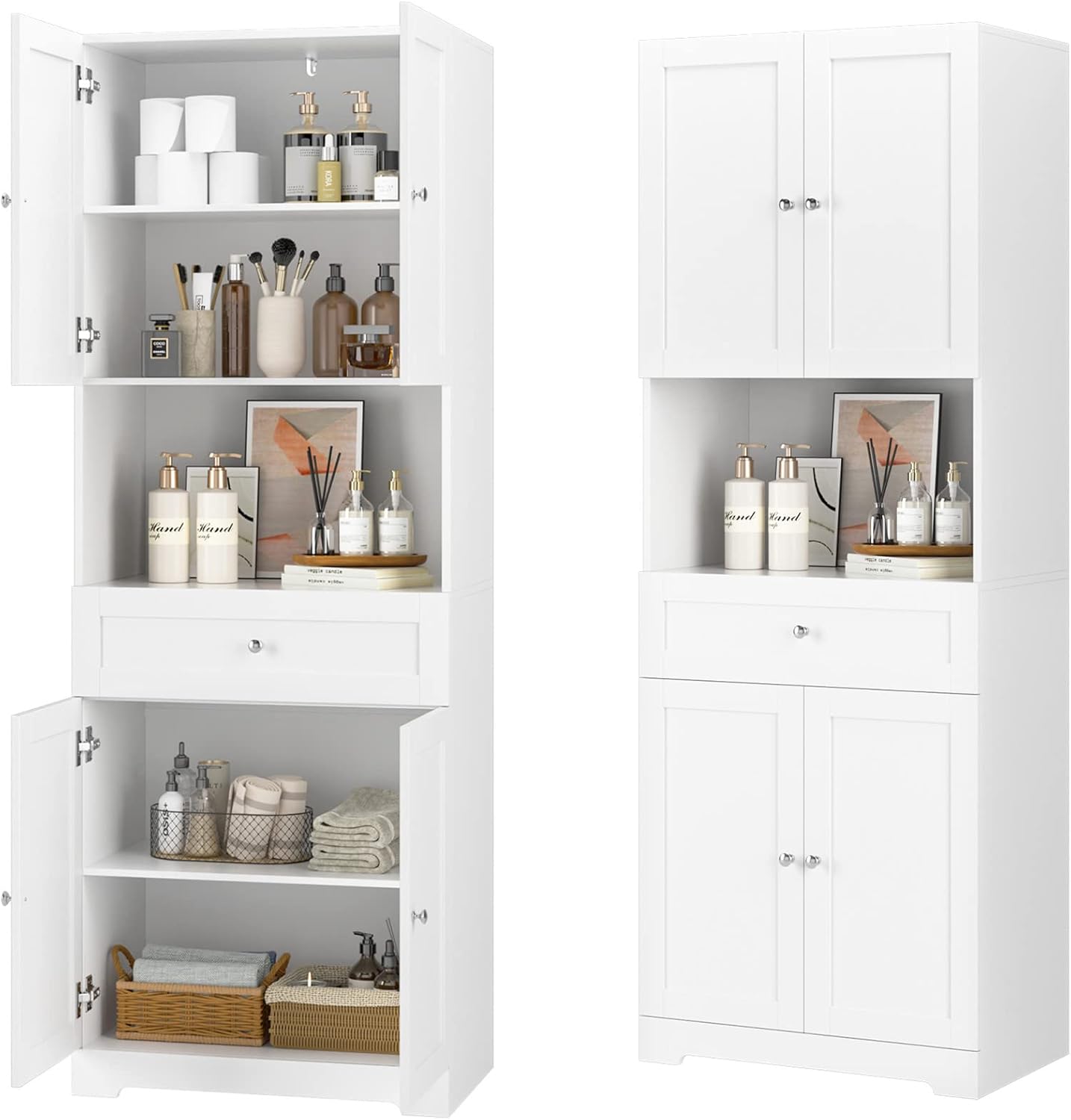Tall Bathroom Storage Cabinet with Drawer – 67” Freestanding Linen Cabinet with Doors & Adjustable Shelves – Modern Narrow Storage Organizer for Bathroom, Kitchen, Pantry & Laundry Room