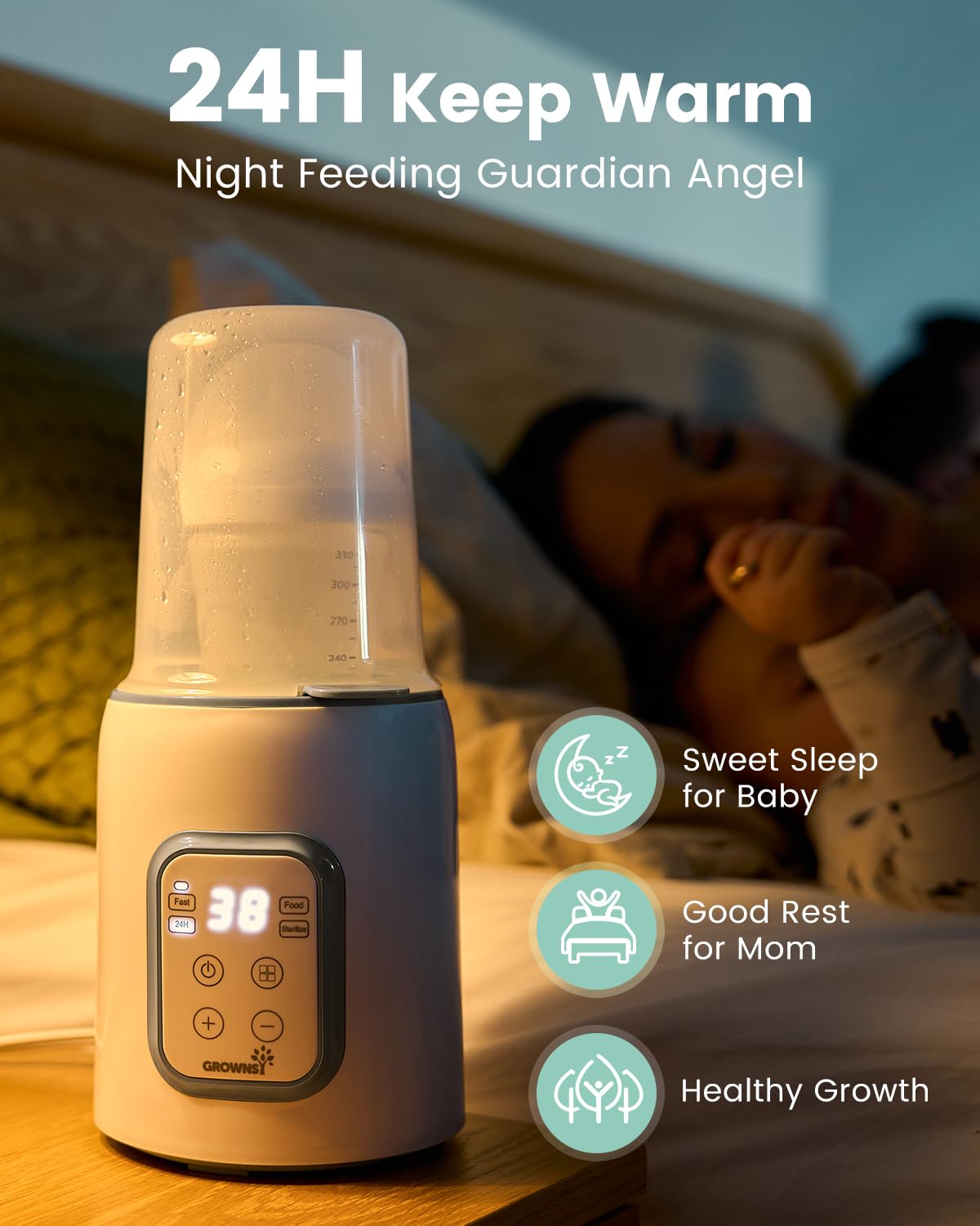 Grownsy 8-in-1 Fast Baby Bottle Warmer – with Timer, Temperature Control, Defrost, Sterilizing & Keep Warm Functions