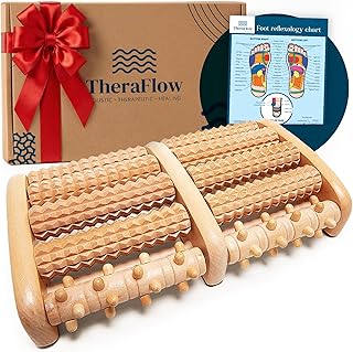 TheraFlow Wooden Foot Roller Massager – Plantar Fasciitis & Neuropathy Pain Relief Acupressure Foot Massage Tool with Reflexology Chart (Portable Foot Massager)