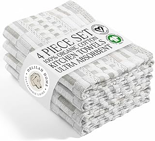 Delilah Home Sea Pines Kitchen Towels Set – Organic Cotton Soft & Absorbent Cloth Napkins for Drying, Wiping & Cleaning (Pack of 4, White-Beige)