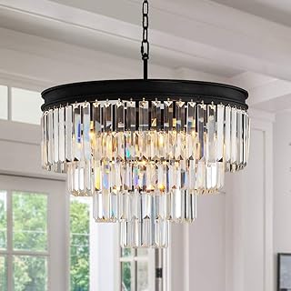 Modern Crystal Raindrop Chandelier Pendant Light Fixture – Round Hanging Ceiling Lighting for Dining Room, Living Room, Entryway, Kitchen and Lobby, Black Elegance Design