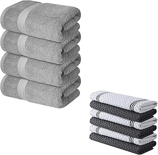 Infinitee Xclusives Pack of 4 Grey Bath Towels + 6 Kitchen Towels – 100% Cotton Terry Towels Set | Luxury Hotel & Spa Quality Absorbent Bathroom & Kitchen Towels Combo Pack