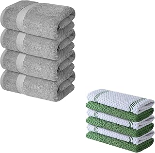 Infinitee Xclusives 10-Piece Cotton Towel Set – 4 Bath Towels + 6 Kitchen Towels | Grey 100% Cotton Terry Towels | Luxury Hotel & Spa Quality Home Essentials Combo Pack