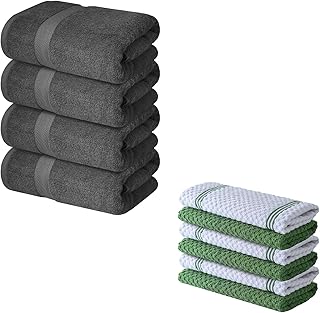 Infinitee Xclusives 10-Piece Cotton Towel Set – 4 Bath Towels + 6 Kitchen Towels | 100% Cotton Terry Grey Towels | Luxury Hotel & Spa Quality Bathroom & Kitchen Combo Pack