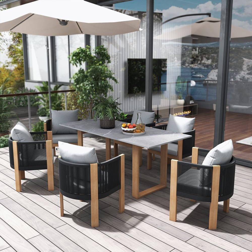 Homary 7-Piece Outdoor Dining Set – Modern 6-Seat Patio Dining Furniture with Faux Marble Heat-Resistant Tabletop & Woven Rope Chairs, Outdoor Dining Table Set for Patio, Balcony & Garden