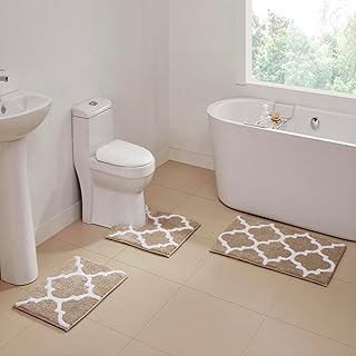 Better Trends Marrakesh Collection 3-Piece Bath Rug Set – Reversible 100% Polyester Absorbent Bathroom Mats, Beige, Non-Slip Doormat Set (17" x 24", 20" x 20", 21" x 34")