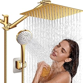 High Pressure Rainfall Shower Head and Handheld Shower Combo with 11" Adjustable Extension Arm, 5 Spray Settings, 60" Anti-Leak Hose – Gold 10 Inch Shower System