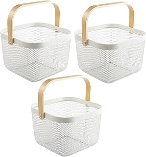 AJIODA 3-Pack Metal Mesh Steel Storage Basket Set with Wooden Handles – Hanging Multi-Function Organizer for Kitchen, Bathroom, Cabinet, Picnic & Home Decor (White)