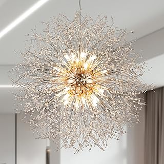 Modern Gold Crystal Sputnik Chandelier – 24-Light Large Firework Pendant Ceiling Light for Living Room, Entryway, Hallway and Foyer, 39.3 Inch Dandelion Chandelier