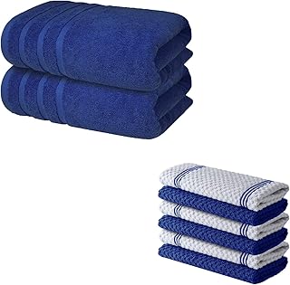 Infinitee Xclusives 8-Piece Blue Towel Set 2 Bath Towels + 6 Kitchen Towels 100% Cotton Terry Hotel & Spa Quality Absorbent
