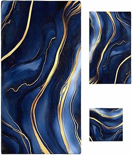 Marble Bath Towel Set Luxury Microfiber Navy Blue Abstract Gold Quick Dry Towels for Bathroom Beach Kitchen Gym Multi-Purpose Towel Set