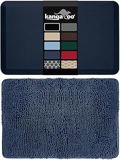 Kangaroo Anti-Fatigue Cushion Mat & Chenille Bath Rug 2-Piece Bundle, Foam Comfort Mat 24x17 + Washable Bath Rug 36x24, Navy