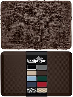 KANGAROO Chenille Bath Rug & Anti-Fatigue Cushion Mat 2-Piece Bundle, Foam Comfort Mat 39x20 + Washable Bath Rug 30x20, Brown