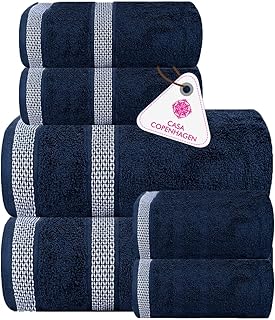 CASA COPENHAGEN Solitaire 6-Piece Towel Set 600 GSM Egyptian Cotton, 2 Bath Towels, 2 Hand Towels, 2 Washcloths, Navy