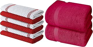 Infinitee Xclusives Premium Kitchen Towels & Bath Sheets Set, 100% Cotton, 6 Dish Towels (15x25) + 2 Bath Sheets, Red