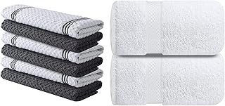 Infinitee Xclusives Kitchen Towels Set 100% Cotton, 6 Grey Dish Towels (15x25, 425 GSM) + White Bath Sheets for Adults