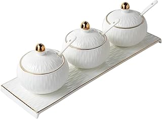 Ceramic Condiment Container Set of 3 with Lids and Spoons, Spice Jars for Salt, Sugar, Pepper Storage, Kitchen Seasoning Box Set