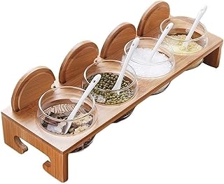 Glass Condiment Jar Set of 4 with Bamboo Lids and Spoons, Spice Containers for Sugar, Salt, Seasoning Storage