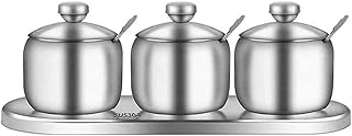 Porcelain Condiment Jar Set of 3 with Stainless Steel Tray, Ceramic Spice Containers with Lids and Spoons for Sugar, Salt, Seasoning