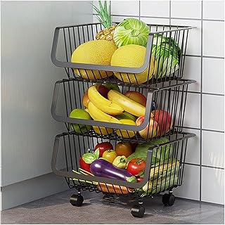 Multi-Layer Kitchen Metal Storage Rack with Wheels – Rolling Vegetable & Fruit Basket Organizer for Spices and Home Kitchen Use