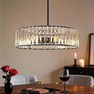 Modern 6-Light Crystal Chandelier – Black Semi-Flush Round Pendant Ceiling Light Fixture for Dining Room, Kitchen Island, Living Room, Entryway and Bedroom, E26 Base