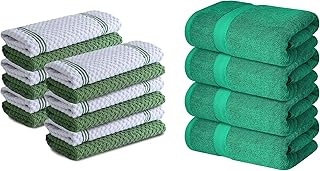 Infinitee Xclusives Premium Kitchen Towels Pack of 12 & Extra Large Bath Sheets Towels 2 Pack – 15x25 Inch Kitchen Towels and 35x70 Adult Bath Towels, Multi-Purpose Home & Bath Linen Set