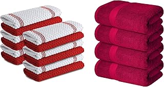 Infinitee Xclusives Premium Red Kitchen Towels Pack of 12 & Bath Towels Set of 4 – 27x54 Inch 100% Ring-Spun Cotton Kitchen and Bathroom Towel Bundle