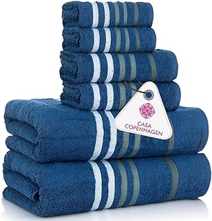 CASA COPENHAGEN Exotic 6-Piece Towel Set – Navy Blue, 525 GSM Egyptian Cotton, 2 Bath Towels, 2 Hand Towels, 2 Washcloths, Soft & Absorbent, Danish Design