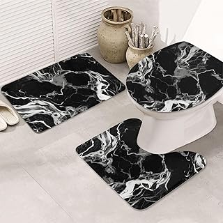 Black & White Marble Print 3-Piece Bathroom Rug Set – Non-Slip, Quick Dry, Soft Plush Absorbent Bath Mats, Machine Washable Rugs for Bathroom, Tub, Shower & Kitchen