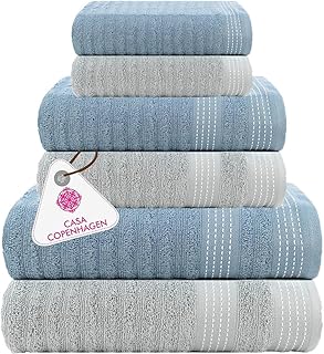 CASA COPENHAGEN Elegance 6-Piece Towel Set 550 GSM Egyptian Cotton Bath Towels Set – Grey Violet & Dusty Blue, Soft Absorbent Bathroom Towel Collection Designed in Denmark