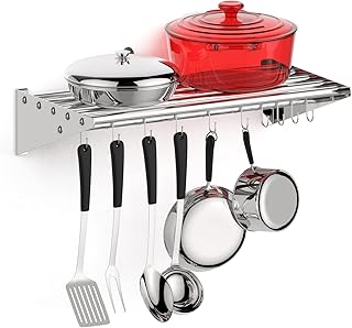 KYBOLT Stainless Steel Hanging Pot Rack 12" x 24" with 10 S Hooks NSF Certified Kitchen Storage Organizer for Pots, Pans, Home, Restaurant & Hotel