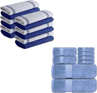 Infinitee Xclusives Premium Cotton Kitchen Towels & Bath Towel Set Pack of 12 Blue Hand Towels 15x25 Inch + 8-Piece Bath Set Soft Absorbent Quick Dry Multi-Purpose Towels