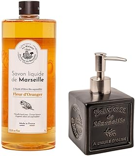 Maison Du Savon De Marseille Organic Orange Blossom Liquid Soap with Refillable Black Ceramic Dispenser 1L Refill + 300ml Pump Bottle Bathroom & Kitchen Soap Set