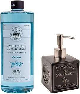 Maison Du Savon De Marseille Monoi Liquid Soap with Refillable Black Ceramic Dispenser 1L Refill + 300ml Pump Bottle Bathroom & Kitchen Hand Soap Set