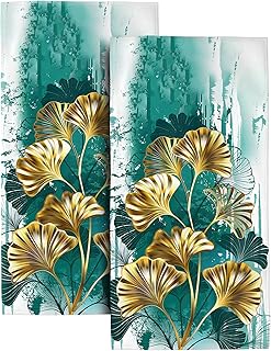 Gold & Teal Green Leaves Decorative Hand Towels Set of 2 – Absorbent Turquoise Bathroom & Kitchen Towels for Home, Spa, Hotel & Yoga Use, Housewarming Gift