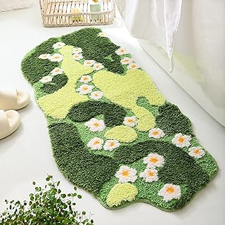 YIKUSH Green Moss Bathroom Rug – Cute Floral Non-Slip Bath Mat with White Flowers, Soft Washable Decorative Floor Rug for Bathroom, Bedroom & Kitchen (43x20 inch)