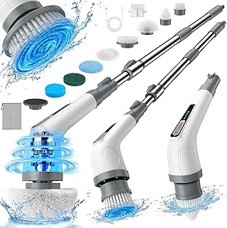 Cordless Electric Spin Scrubber – 420 RPM Bathroom Cleaning Brush with 8 Replaceable Heads, 3-Speed Adjustable Long Handle Scrubber for Bathroom, Kitchen, Bathtub & Car (Grey)