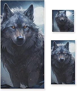 ALAZA Wolf Forest Moon 3-Piece Towel Set – Soft Absorbent Bath, Hand Towel & Washcloth Set, Decorative Nature Print Towels for Bathroom, Kitchen, Gym & Beach