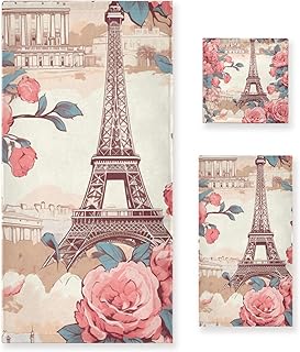 ALAZA Roses Flowers Eiffel Tower 3-Piece Towel Set – Soft Absorbent Bath, Hand Towel & Washcloth Set, Decorative Floral Paris Design Towels for Bathroom, Kitchen, Gym & Beach