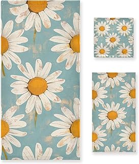 ALAZA Vintage Daisy Flowers Blue 3-Piece Towel Set – Soft Absorbent Bath, Hand Towel & Washcloth Set, Floral Decorative Towels for Bathroom, Kitchen, Gym & Beach