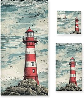ALAZA Retro Nautical Lighthouse 3-Piece Towel Set – Soft Absorbent Bath, Hand Towel & Washcloth Set, Vintage Maritime Decorative Towels for Bathroom, Kitchen, Gym & Beach