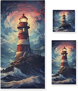 ALAZA Nautical Lighthouse Starry Night 3-Piece Towel Set – Soft Absorbent Bath, Hand Towel & Washcloth Set, Ocean-Inspired Decorative Towels for Bathroom, Kitchen, Gym & Beach