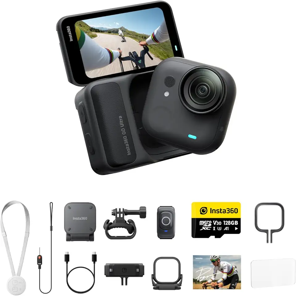 Insta360 GO Ultra Premium Cycling Bundle – 4K60 Hands-Free Wearable Action Camera, 1/1.28” Sensor, 53g Ultra-Light Magnetic POV Vlogging Camera, FlowState Stabilization, 156° FOV, 200 Min Battery Life, Sports & Cycling Ready