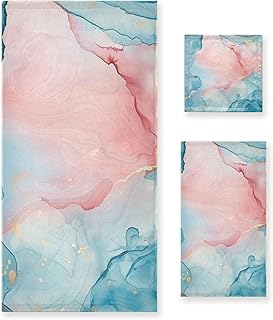 ALAZA Blue Teal Pink Marble 3-Piece Towel Set – Soft Absorbent Bath, Hand Towel & Washcloth Set, Modern Marble Design Towels for Bathroom, Kitchen, Gym & Beach