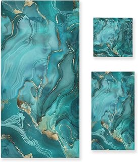 ALAZA Marble Teal 3-Piece Towel Set – Soft Absorbent Bath, Hand Towel & Washcloth Set, Modern Teal Marble Decorative Towels for Bathroom, Kitchen, Gym & Beach