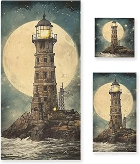 ALAZA Nautical Lighthouse Stars Moon 3-Piece Towel Set – Soft Absorbent Bath, Hand Towel & Washcloth Set, Ocean Night Sky Decorative Towels for Bathroom, Kitchen, Gym & Beach